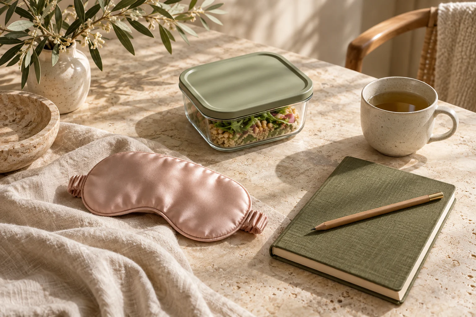 AI-created editorial still life of an unbranded silk mask, glass lunch container, notebook and tea; not photographs of the recommended products
